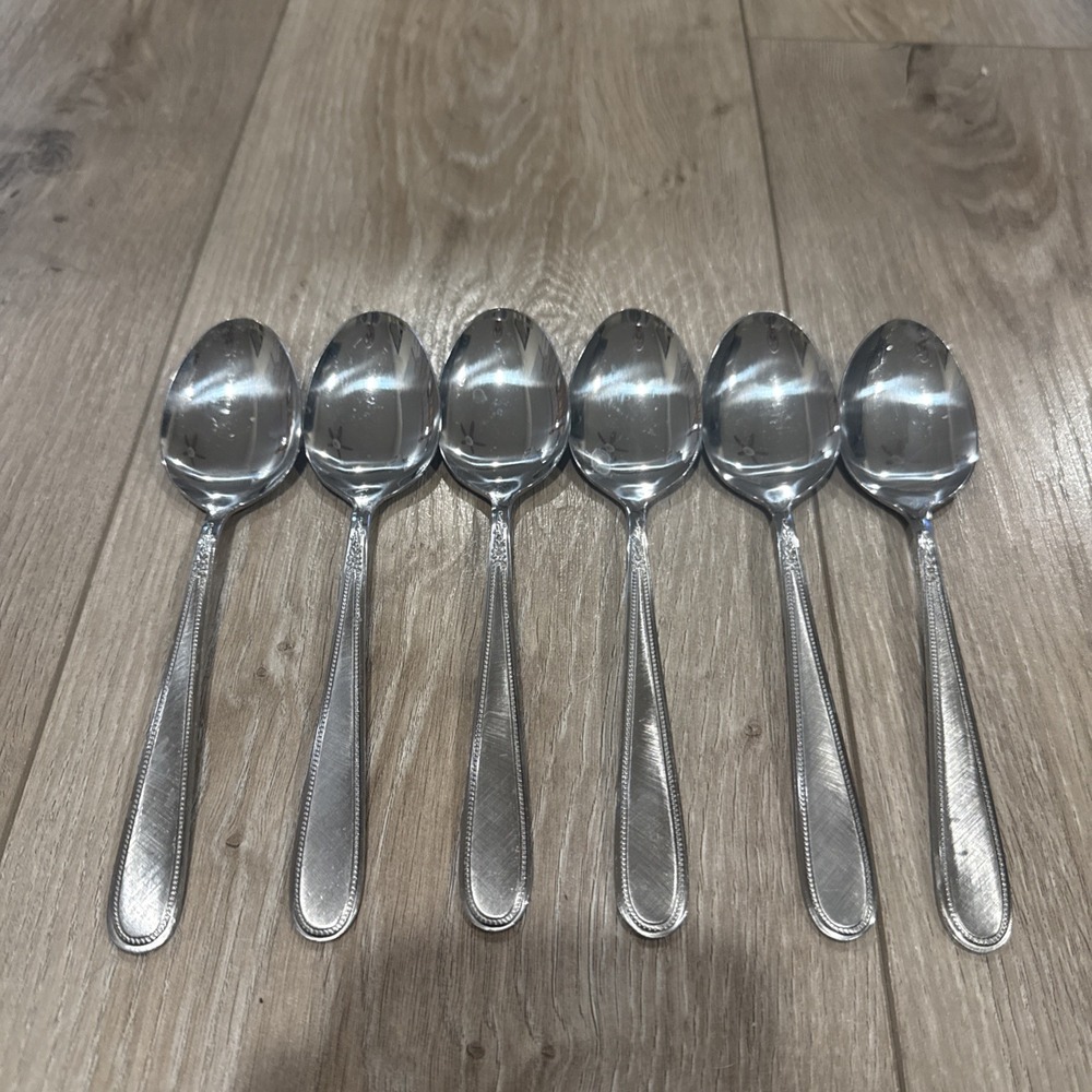 6 Pcs Oval Place Spoons Vanity Stainless Beaded‎ Outline Stanley Roberts